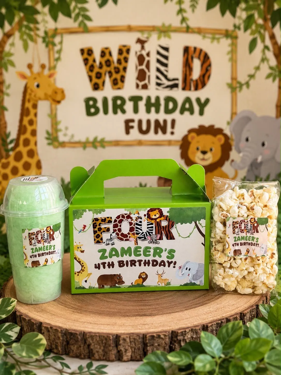 Wild 4th birthday: Jungle party boxes, candy floss and popcorn