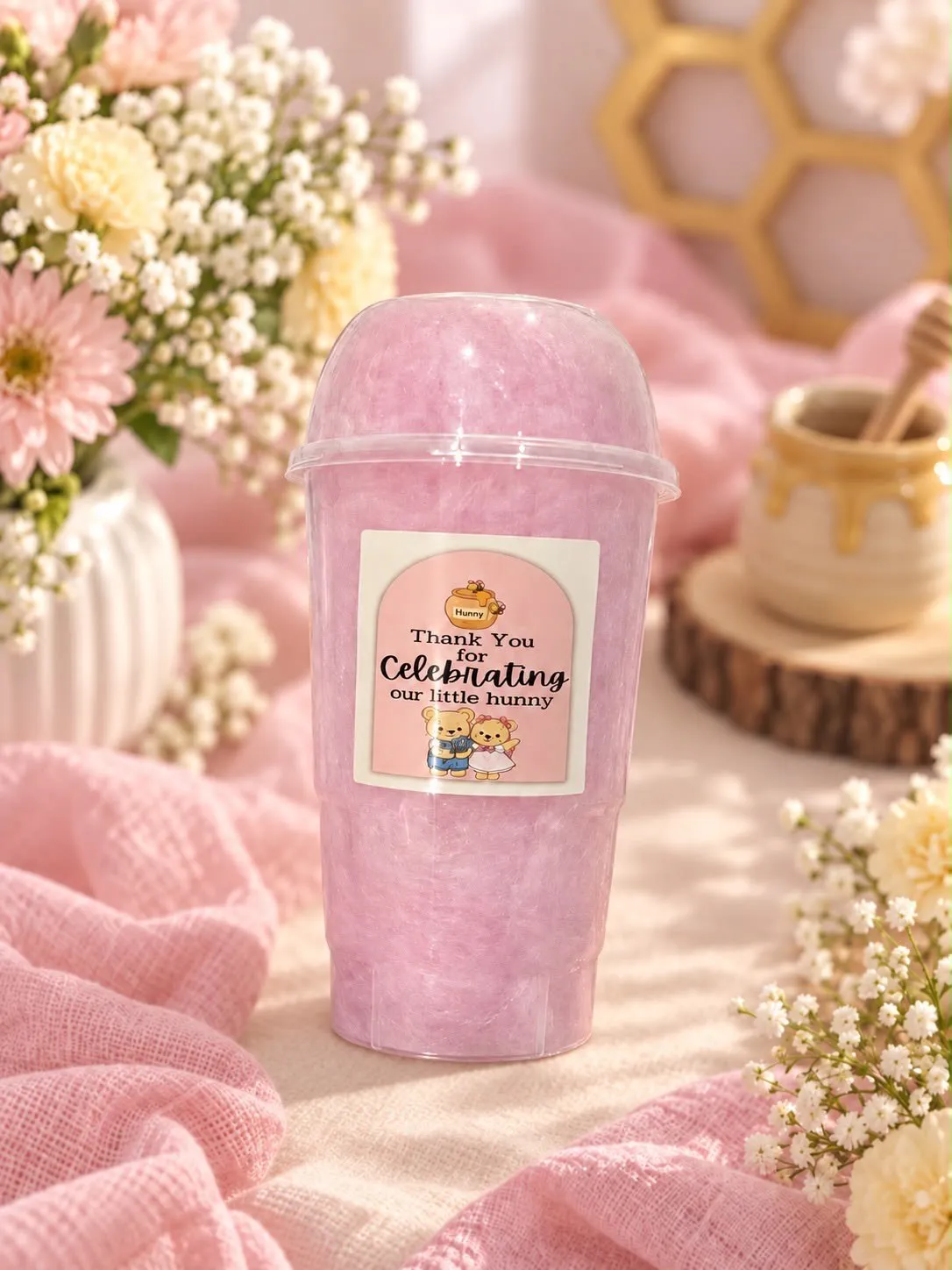 Party Starters candy floss cup with a theme sticker